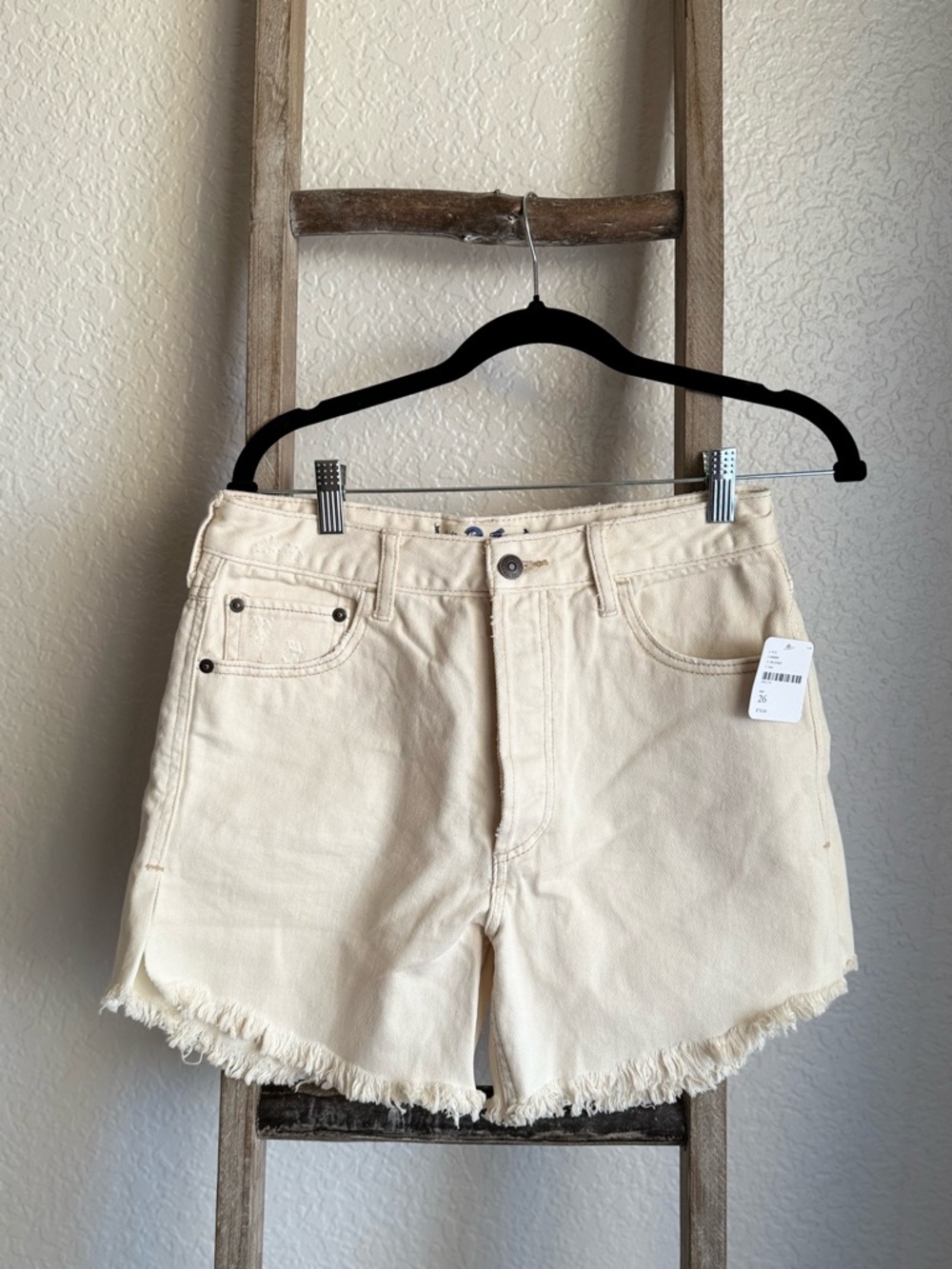 We The Free Cream High-Rise Frayed Denim Shorts